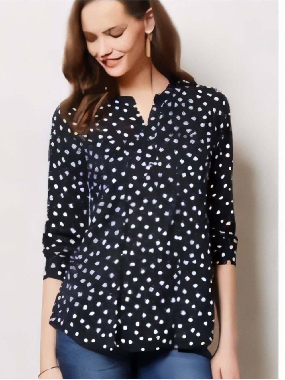 Maeve Black Polka Dot Blouse with Notch Neck Small